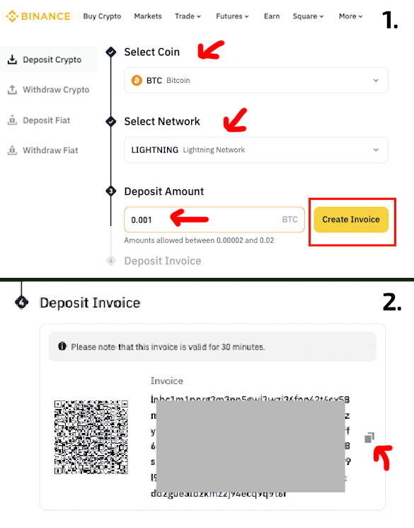 Follow the highlighted steps to reveal and copy your deposit address.