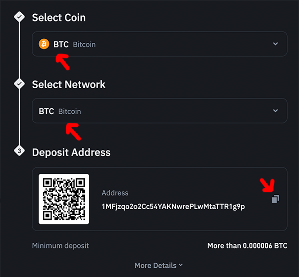 Follow the highlighted steps to reveal and copy your deposit address.
