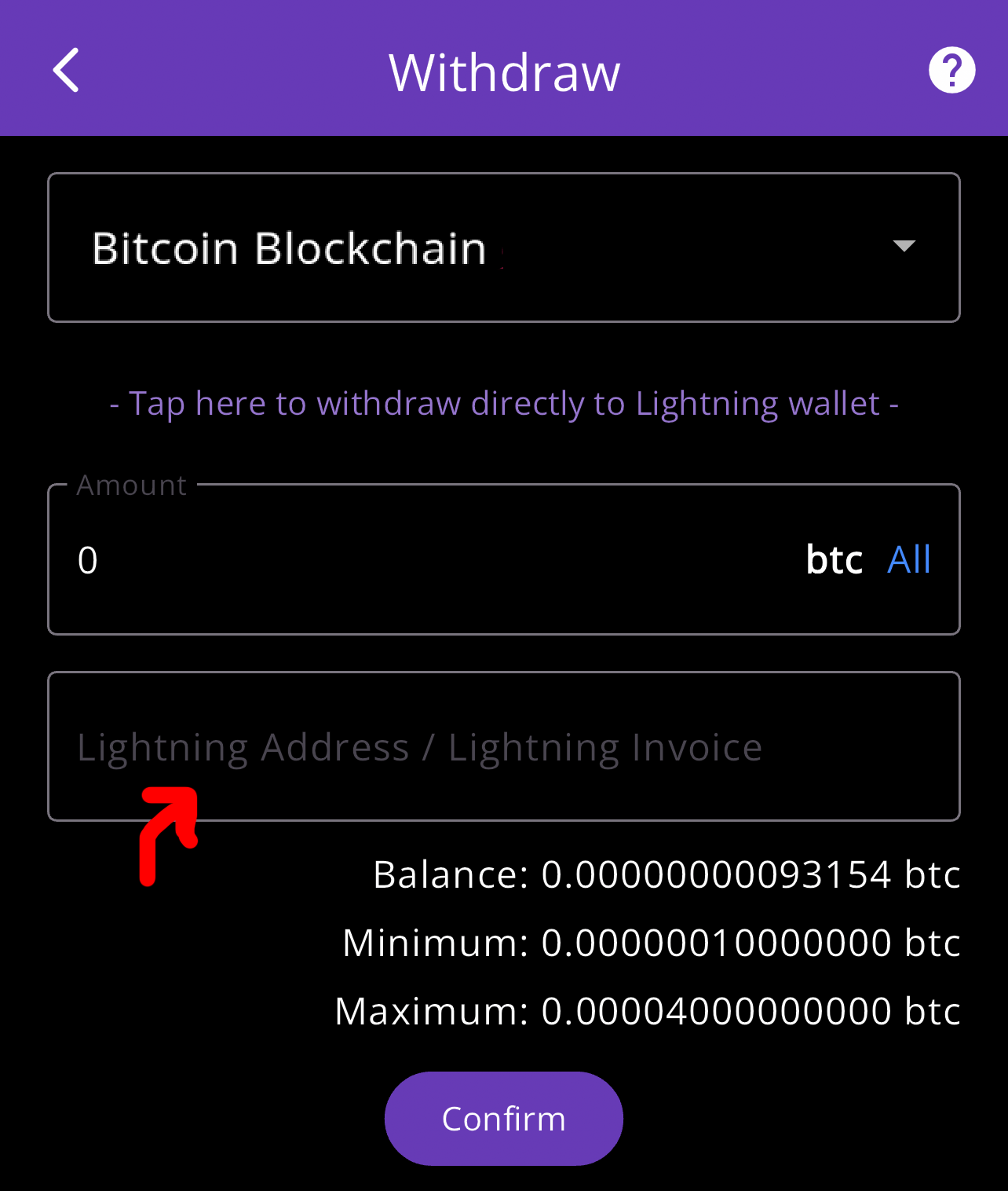 Paste the deposit address you copied into the address field.