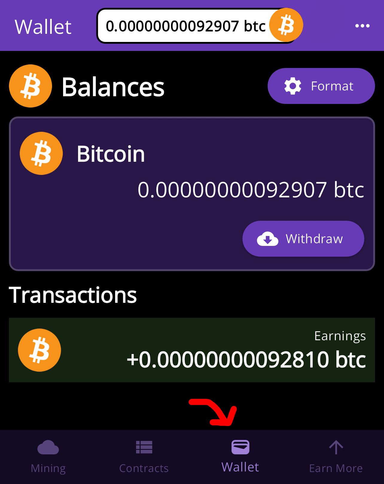 In the CloudMineCrypto app, open the Wallet tab.