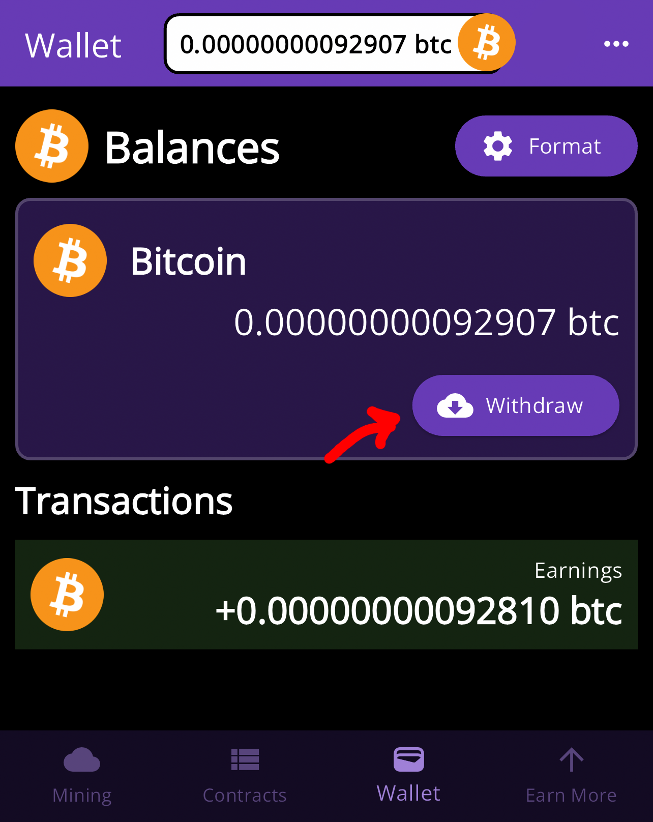 In the Wallet tab, tap Withdraw.