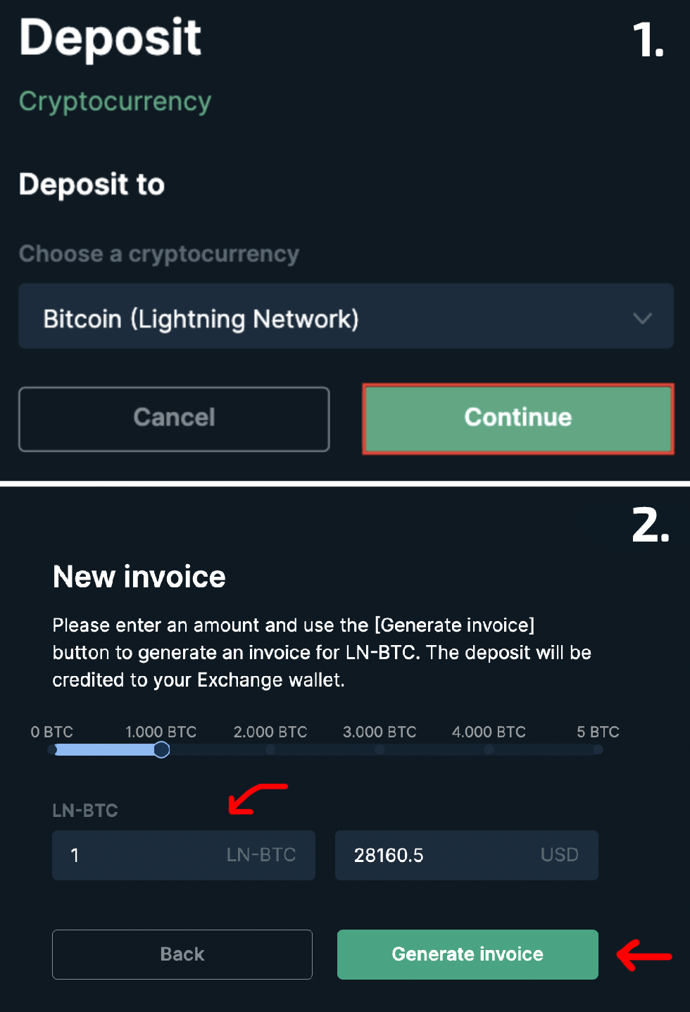 Follow the highlighted steps to reveal and copy your deposit address.