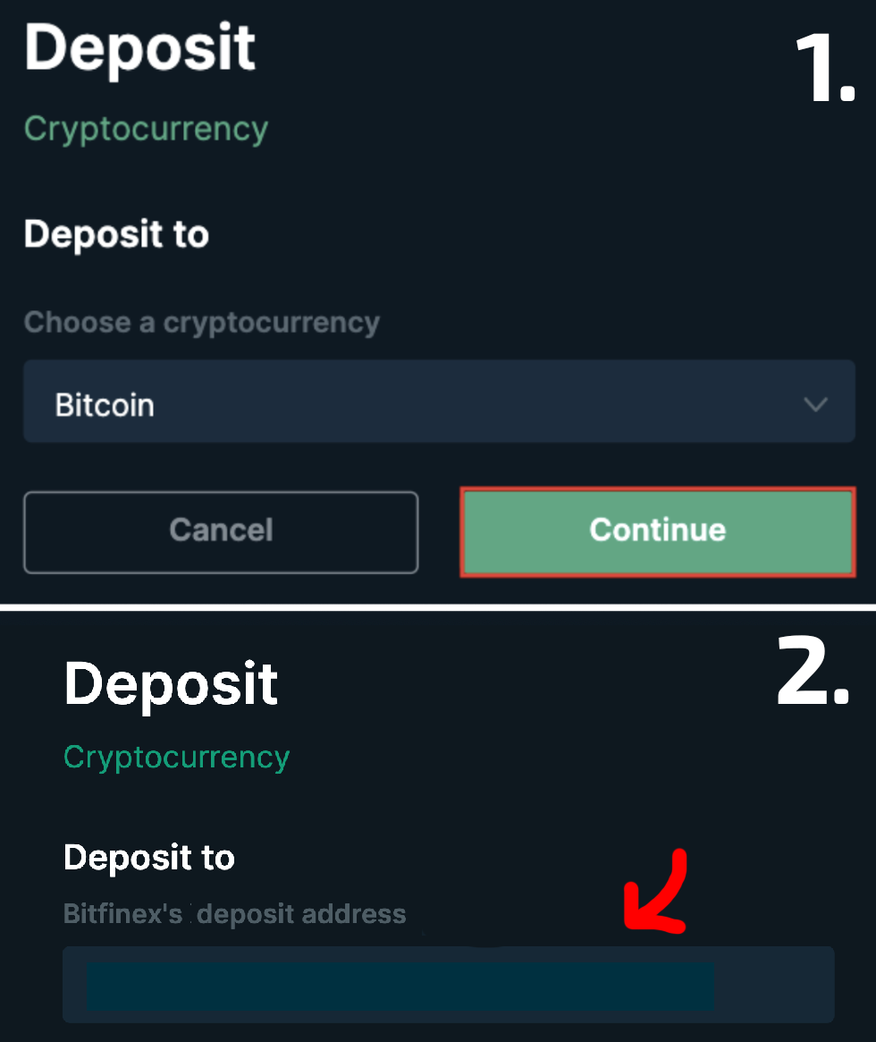 Follow the highlighted steps to reveal and copy your deposit address.