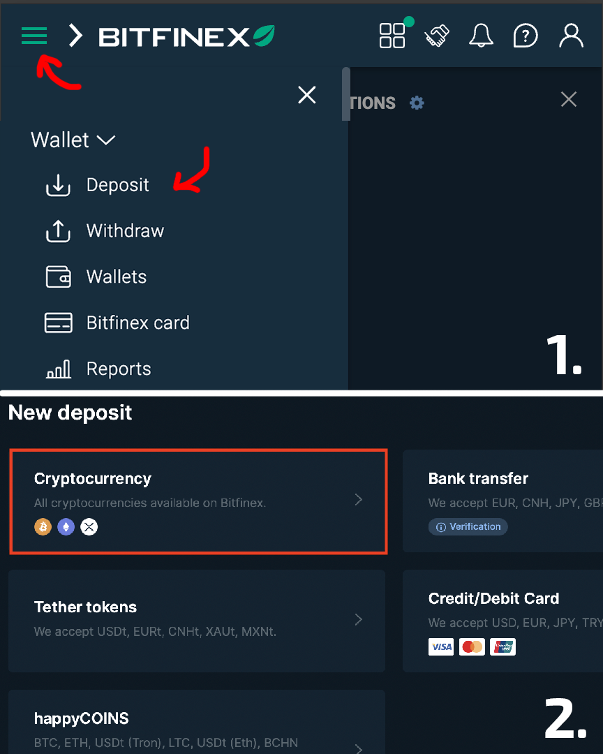Follow the highlighted steps to start a deposit.