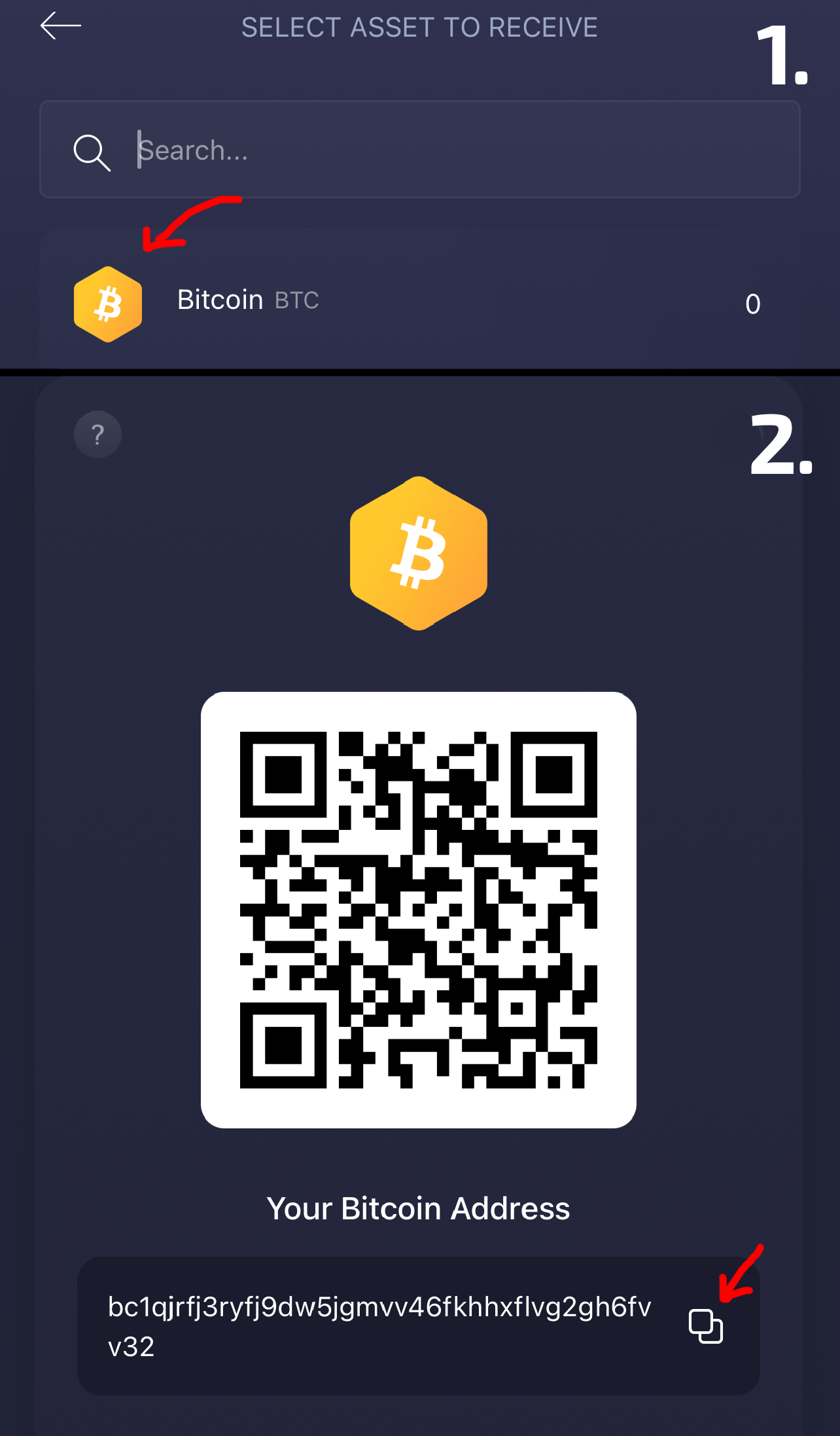 Follow the highlighted steps to reveal and copy your wallet address.