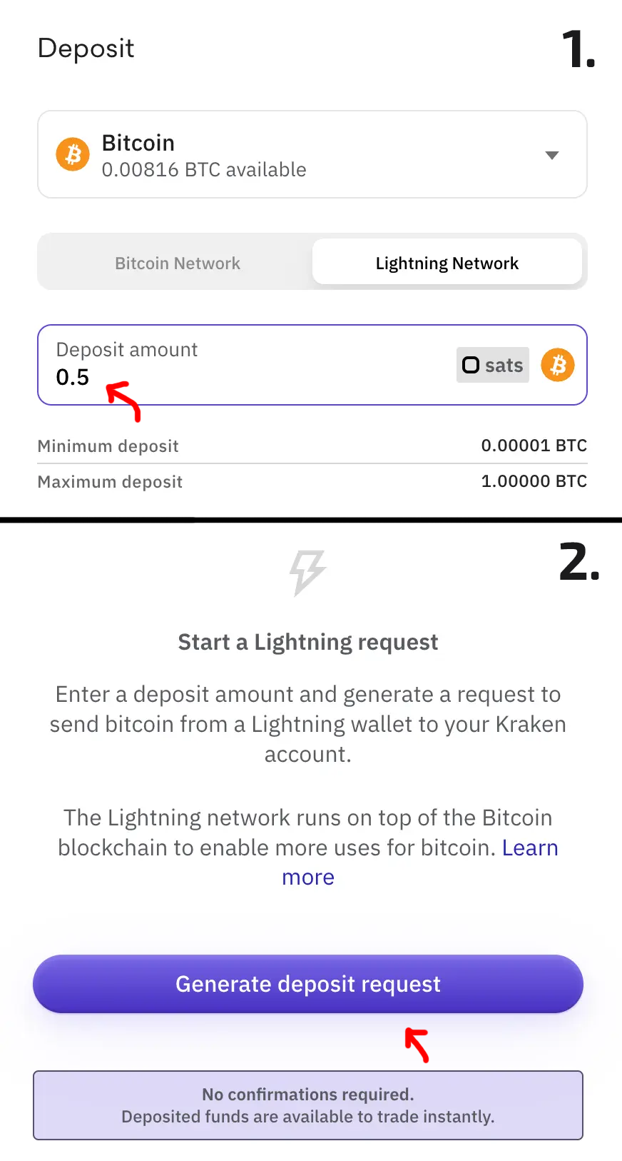 Follow the highlighted steps to reveal and copy your deposit address.
