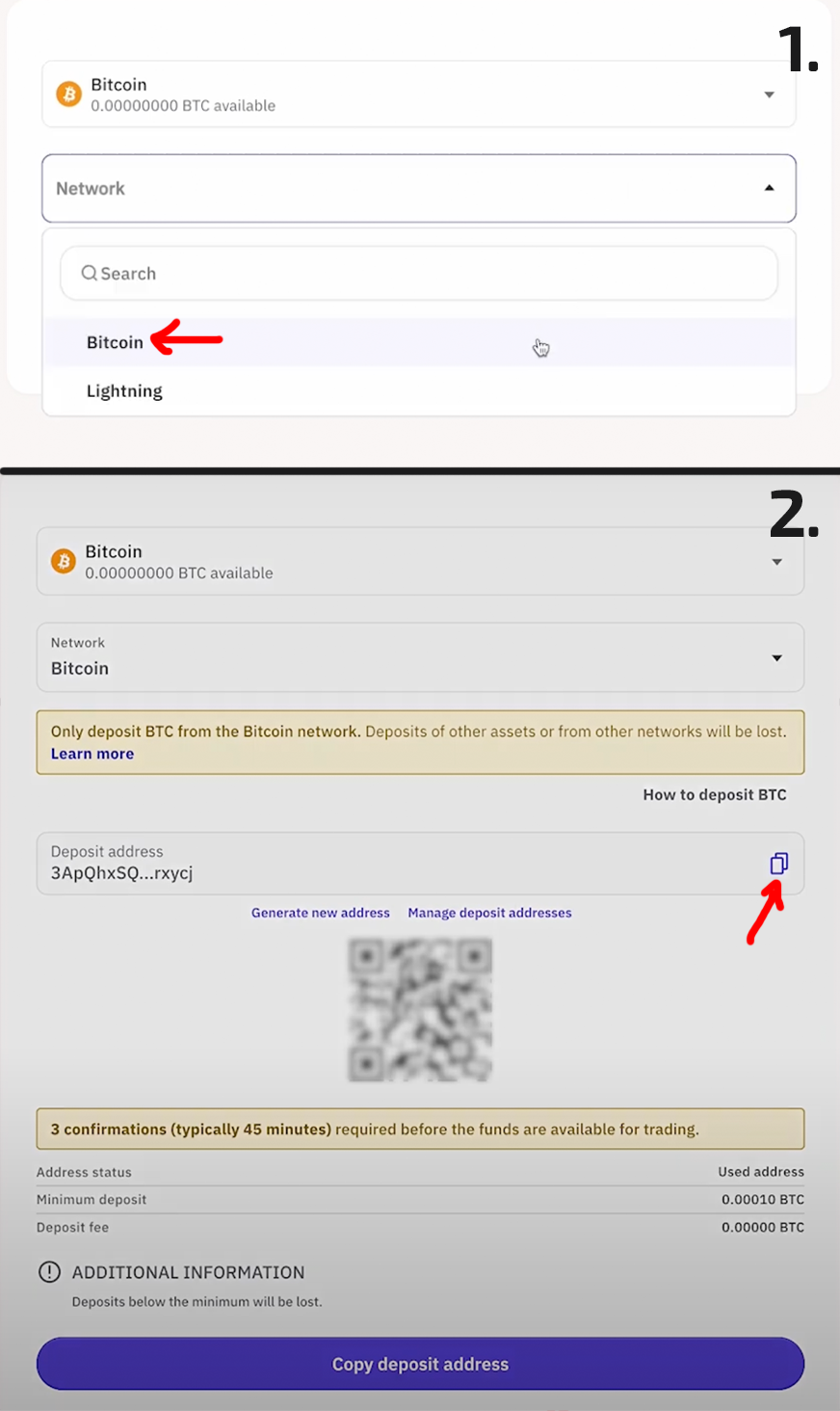 Follow the highlighted steps to reveal and copy your deposit address.