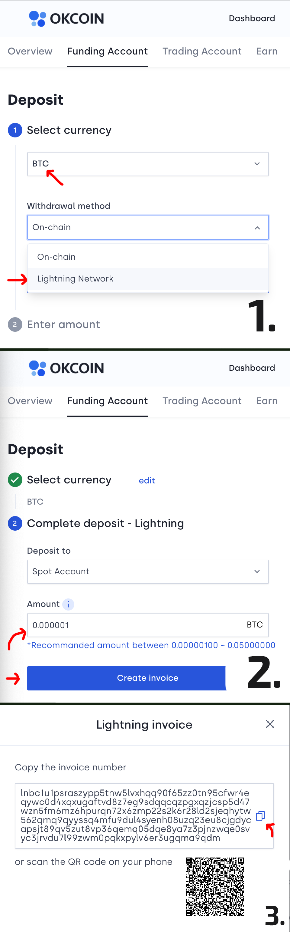 Follow the highlighted steps to reveal and copy your deposit address.