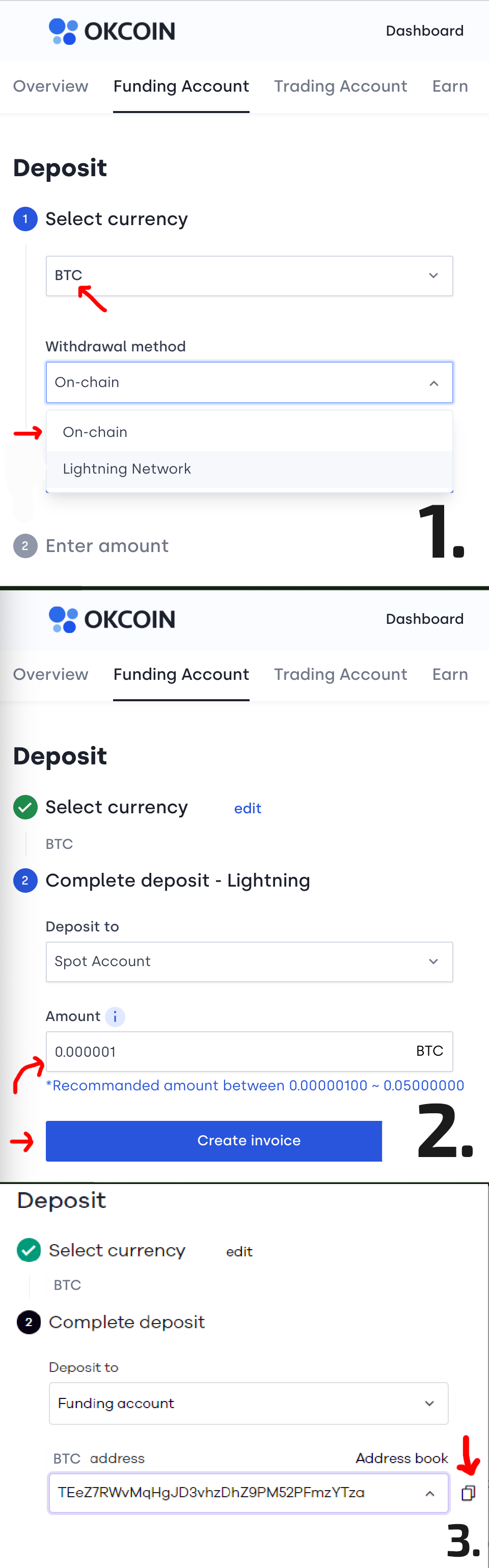 Follow the highlighted steps to reveal and copy your deposit address.