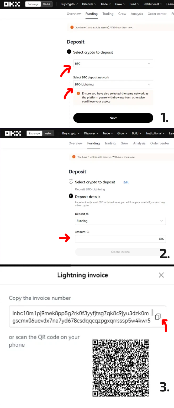Follow the highlighted steps to reveal and copy your deposit address.