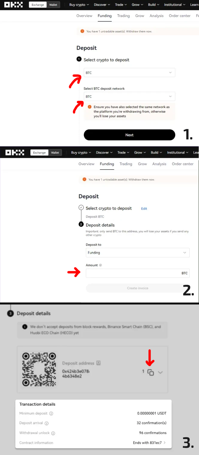 Follow the highlighted steps to reveal and copy your deposit address.